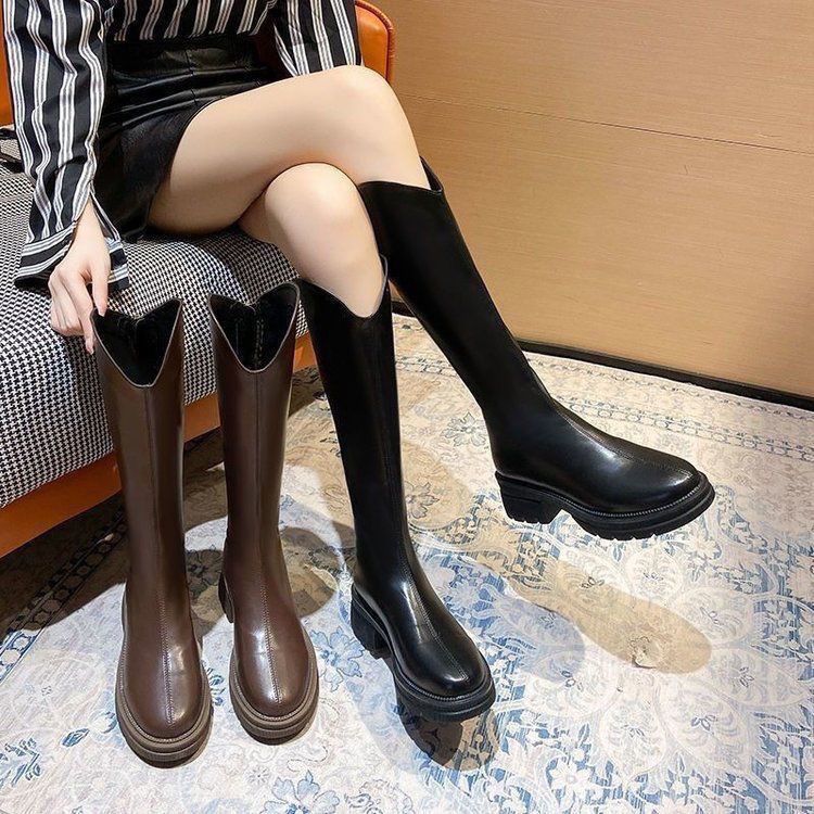Women's Platform Knee-high V Cut Brown Knight Women's Leather Boots