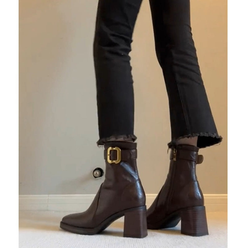 Women's High Booties French Chunky Square Toe Skinny Back Heels