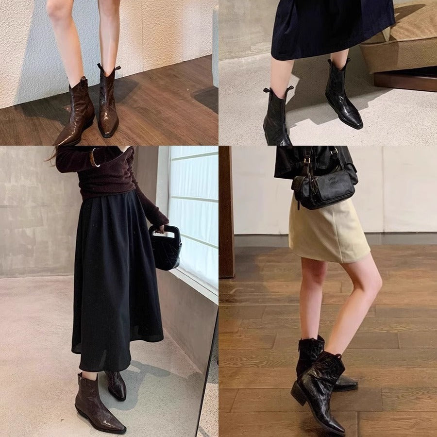 Women's Fashionable Pointed Toe V-shaped Mouth Retro Denim Skinny Thick No Boots