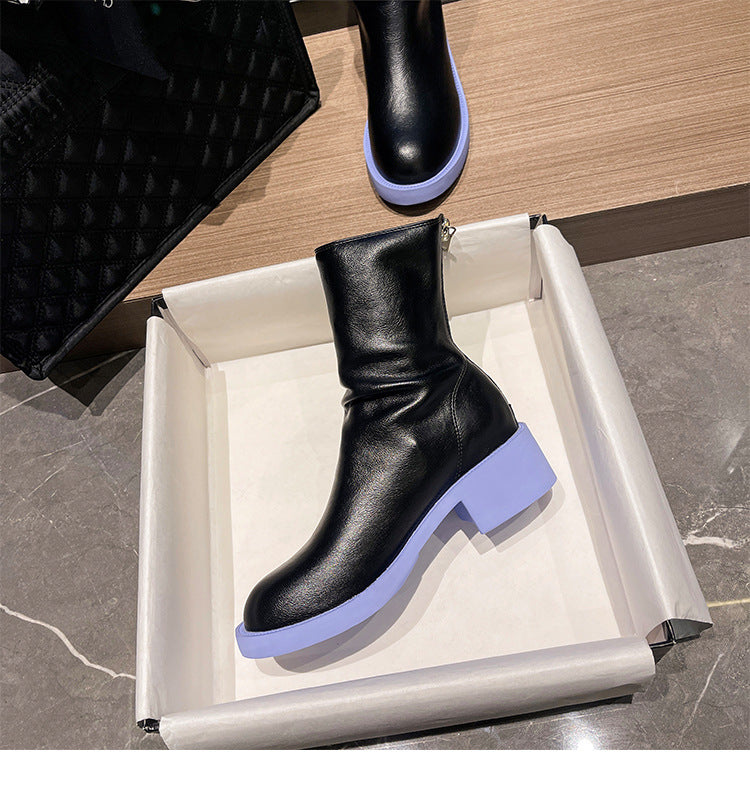 Chunky Knight Height Increasing Insole Skinny Back Zipper Contrast Boots
