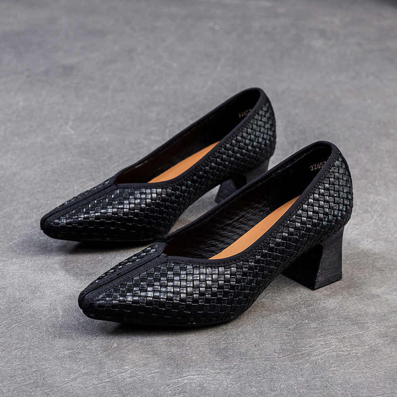 Weave Pointed Toe Low-heeled Shallow Mouth Casual Shoes