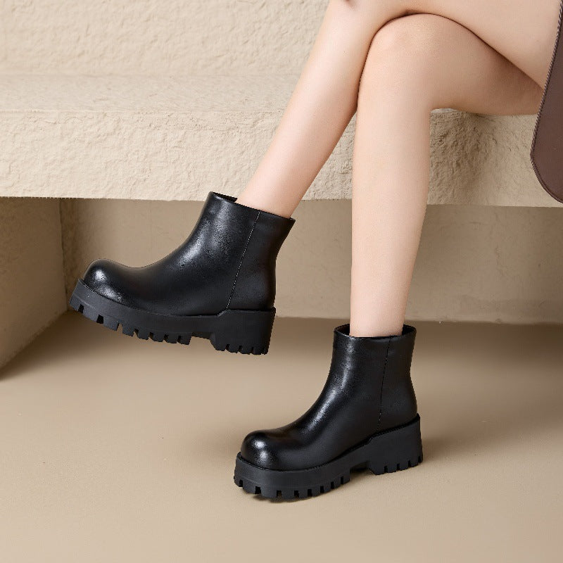 Women's Martin Smoke Pipe Black Round Chunky Women's Leather Boots