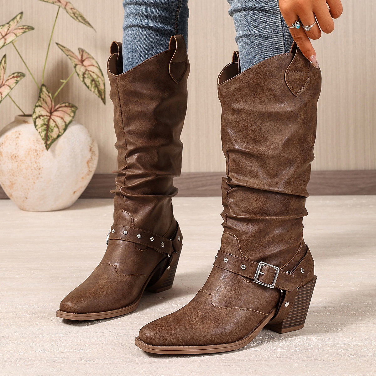 Women's Belt Buckle Square Toe Chunky Western Women's Leather Boots