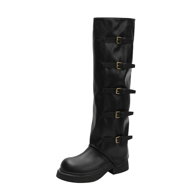 Women's Vintage Crumpled Pile Style Long Tube Western Cowboy Chunky Heels