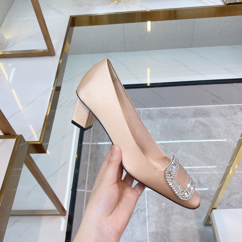Women's Chunky Square Toe Rhinestone Versatile Single-layer Low-cut Women's Fashion Shoes