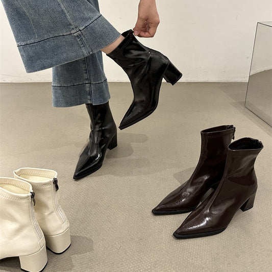 Women's Pointed High Korean Style Small Ankle Brown With Skirt Women's Leather Boots