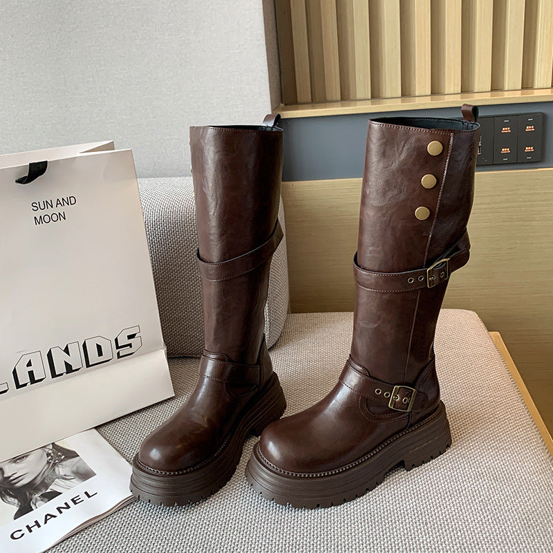 Women's Retro Platform Long Thick Leg Widened Tall Women's Leather Boots