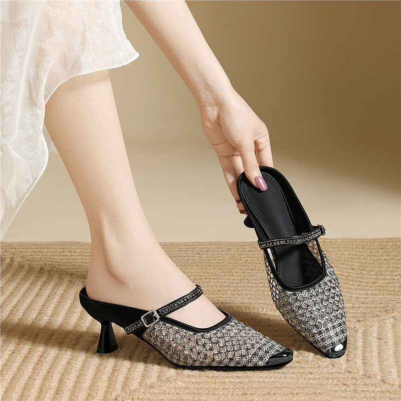 Jane Elegant High-grade Muller Rhinestone Mesh Slippers
