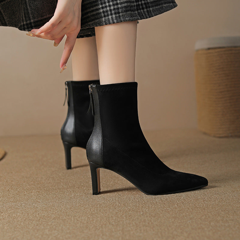 Women's French Style High Chunky Pointed Toe Back Zipper Suede Stretch Women's Leather Boots