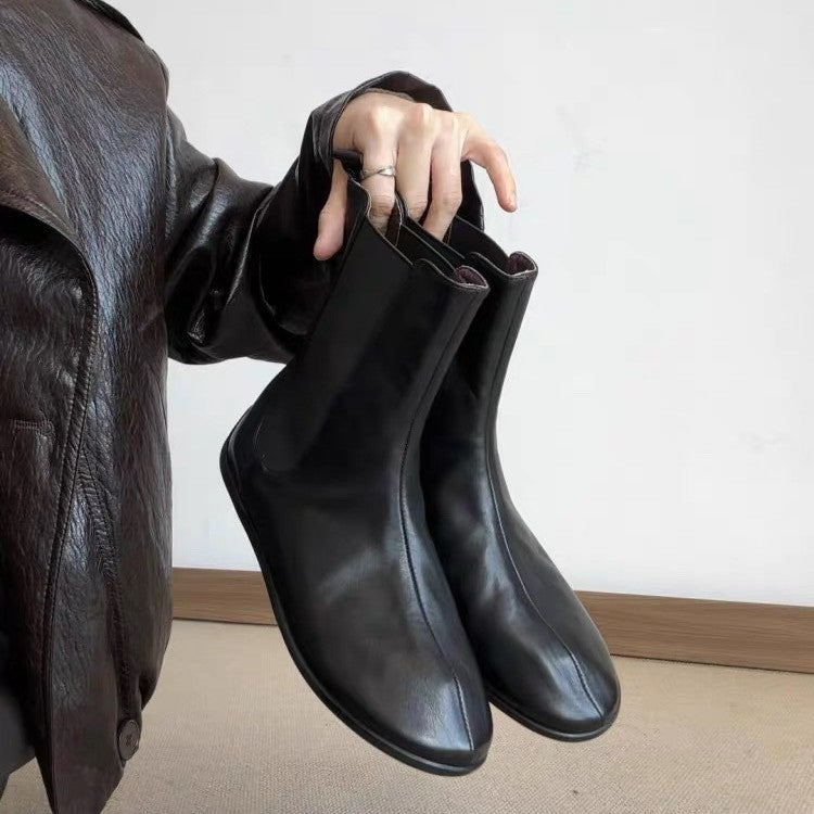 Women's Cowhide Version Retro Easy Matching Flat Bottom Comfort Round Women's Leather Boots