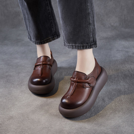 Women's Cowhide Big Head Genuine Elevator Platform Muffin Casual Shoes