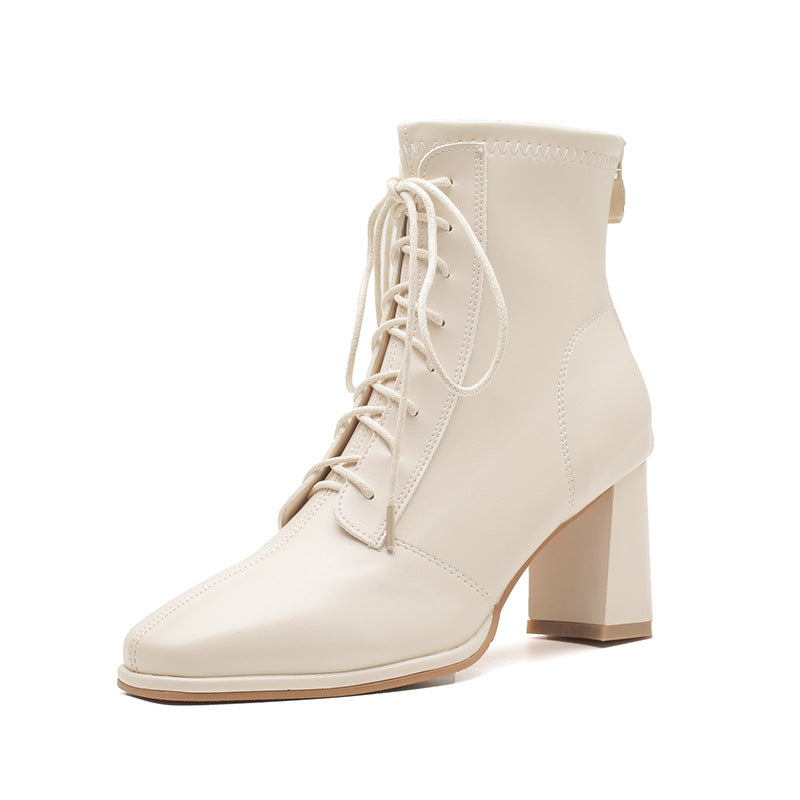 Women's Winter High Simple Square Toe Fashion Chunky Back Zip Women's Leather Boots