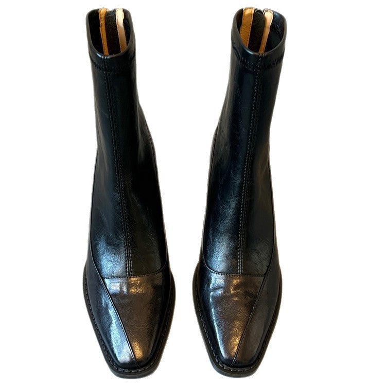 Women's French Retro Skinny High Chunky Ankle Back Zipper Stretch Boots