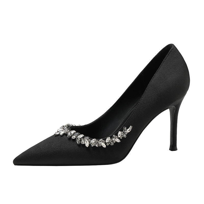 Women's High Rhinestone Black Thin Design High-grade Women's Shoes