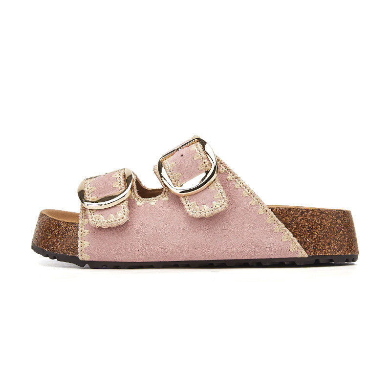 Women's Platinum Round Toe Vintage Buckle Platform Height Increasing Breathable Thick-soles Slippers
