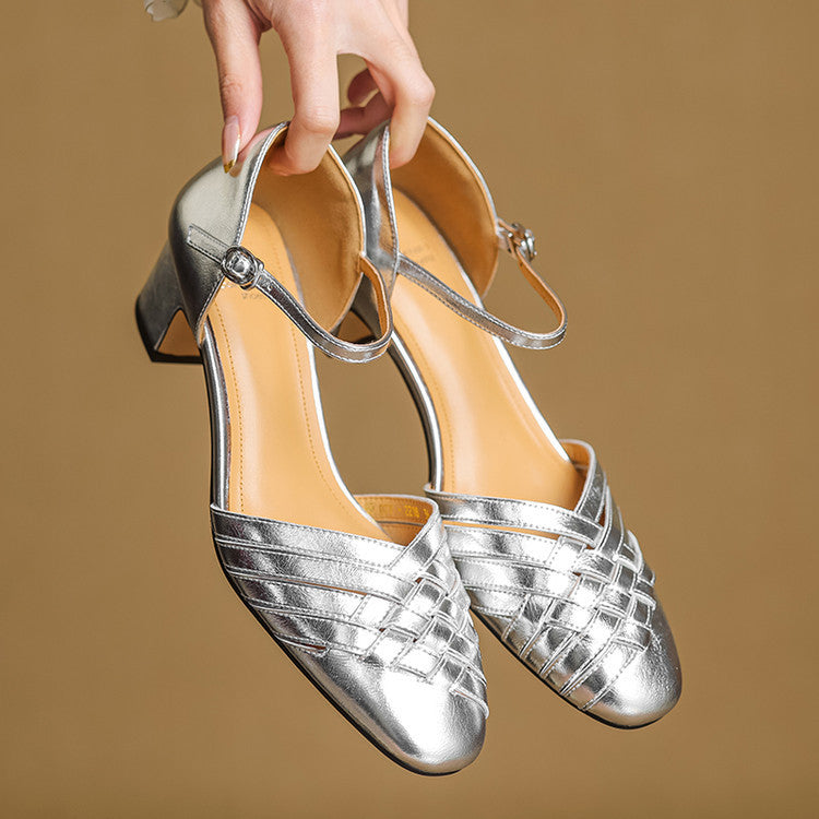 Women's Style Woven Closed Toe Hollowed Summer Round Buckle High Heeled Sandals