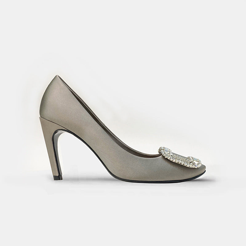 Women's Rhinestone Square Buckle Round Toe Satin Shallow Women's Fashion Shoes