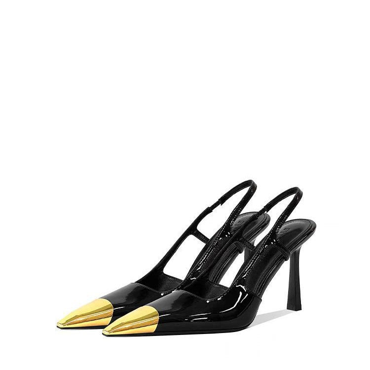Women's Gold Black Patent Stiletto Sexy Square Toe High Heeled Sandals