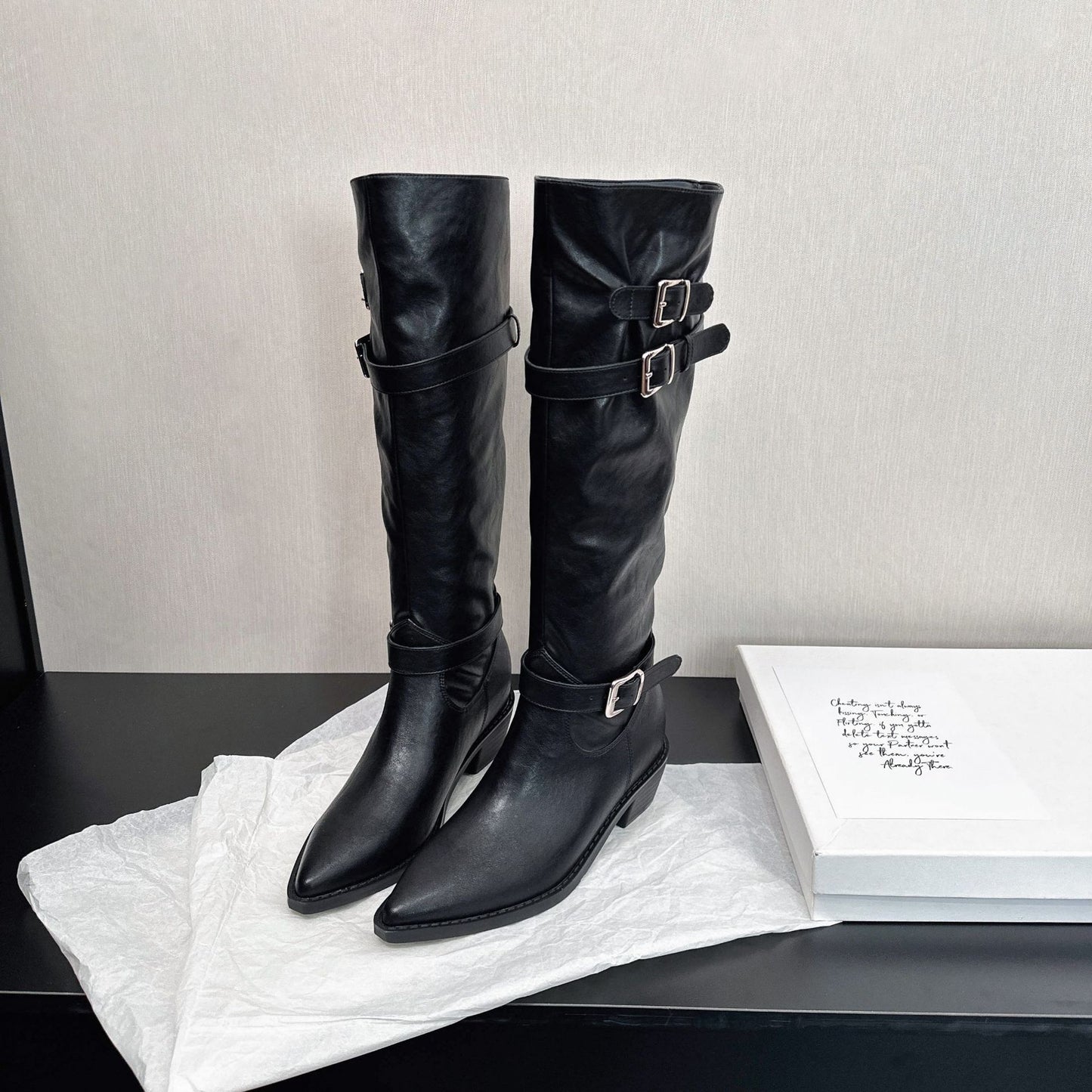 Women's French Cowboy Below The Knee High-rise Belt Chunky Western Pile Boots