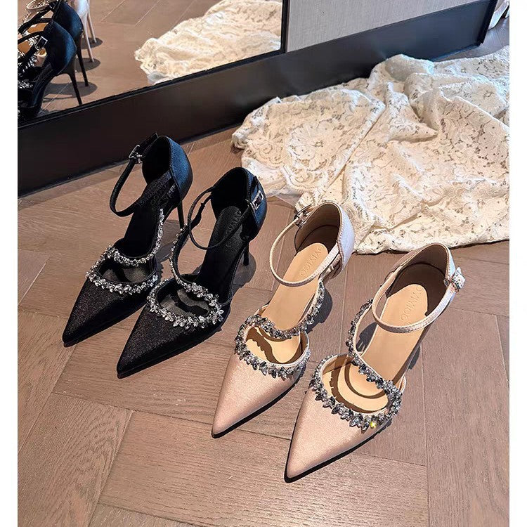 Women's Pointed Toe Strap Rhinestone French Style Temperament Advanced Women's Fashion Shoes