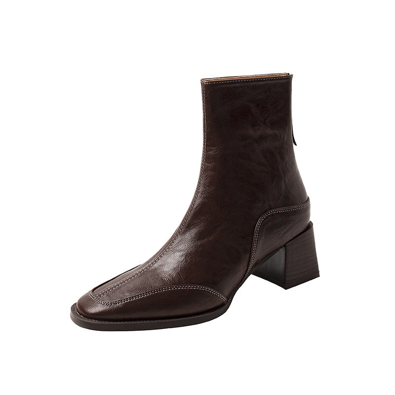 Women's Design Sense Square Toe Chunky Short British Style Fried Street Women's Leather Boots