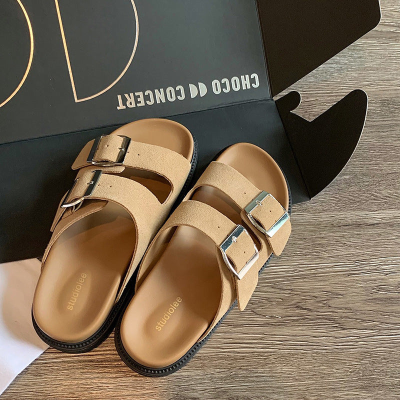 Women's Summer Flat Strap Square Buckle Platform Slippers