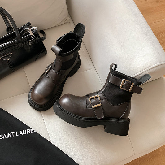 Women's British Style Retro Belt Buckle Chunky Boots