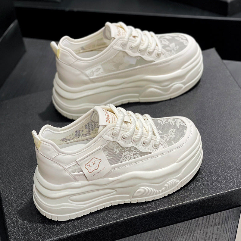 Women's White Spring Small Platform Summer Lace Mesh Casual Shoes