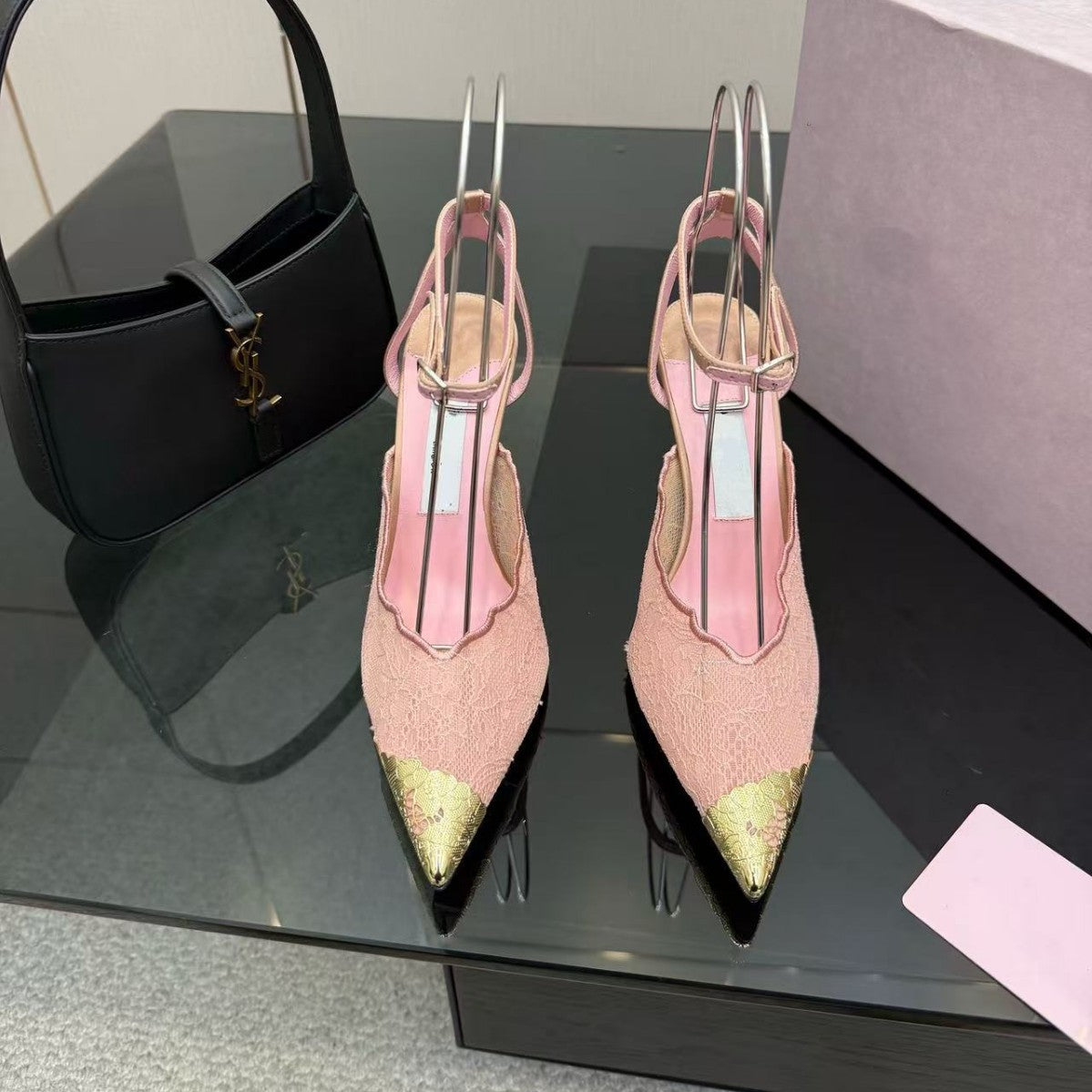Women's Gold Buckle Hollow Lace Shallow Mouth High Heeled Sandals