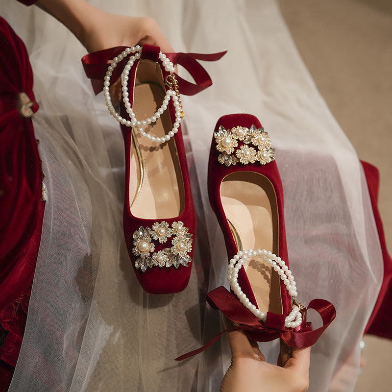 Women's Toe Rhinestone Buckle Pearl Chain Red Suede Wedding For Chunky Women's Casual Shoes