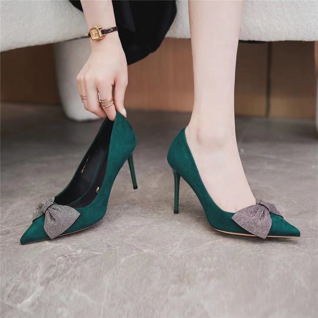 Women's High Pointed Stiletto Shallow Mouth Suede Rhinestones Bow Graceful Heels