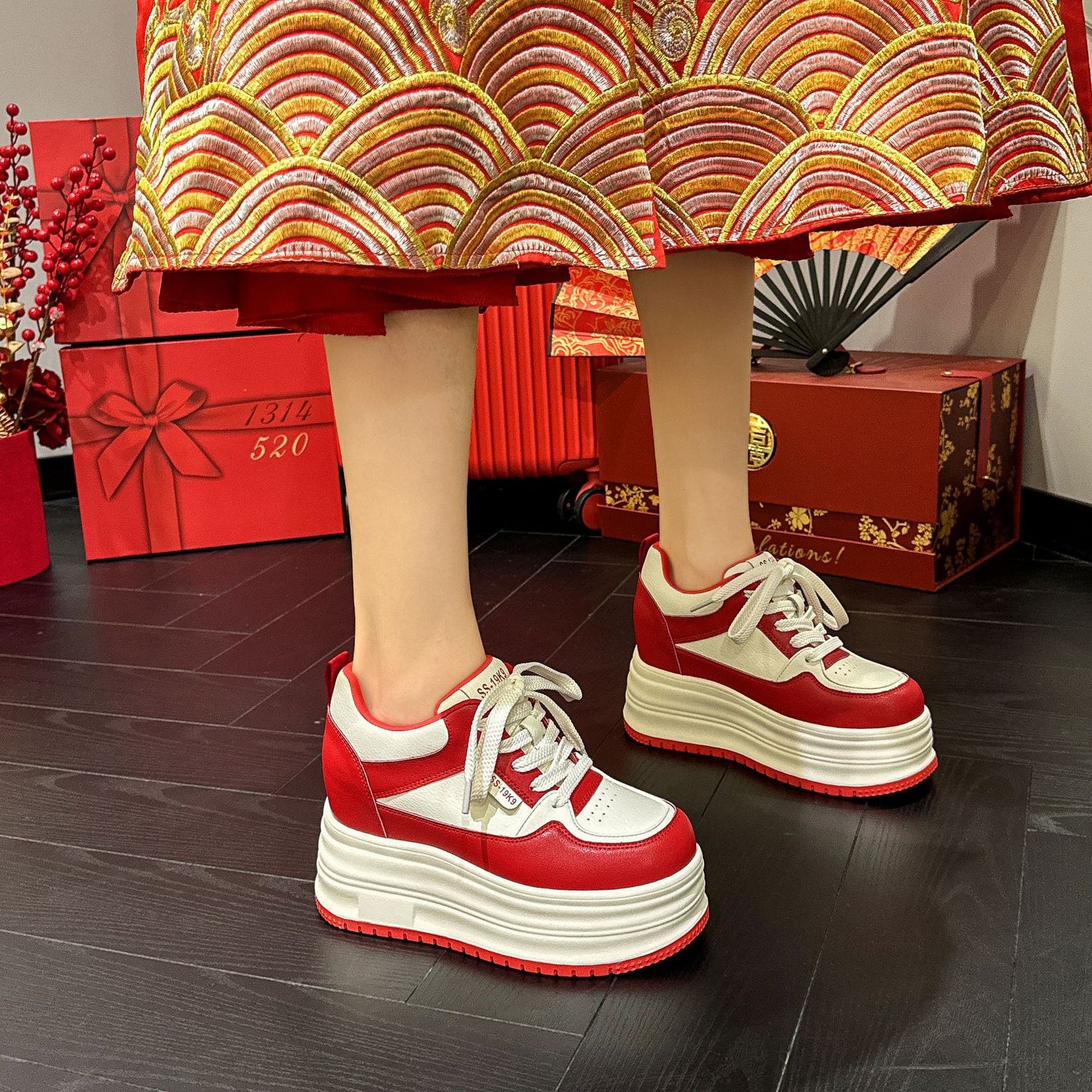 Red Wedding Bridal Platform Height Increasing Insole Genuine Bridesmaid Women's Board Shoes