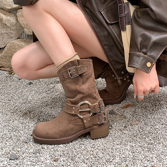 Retro Style Round Head Leisure Thick Heels