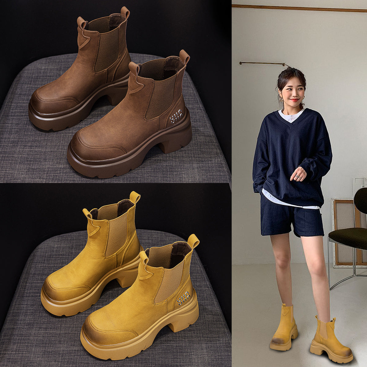Women's Bottom Autumn Fashion British Style Slip-on Smoke Women's Leather Boots