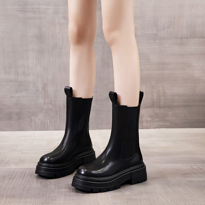 Women's British Style Thick-soled Slimming Smoke Pipe Height Women's Leather Boots