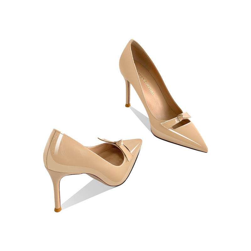 Women's Bow High Patent Pointed Stiletto Commuter Shallow Mouth Heels