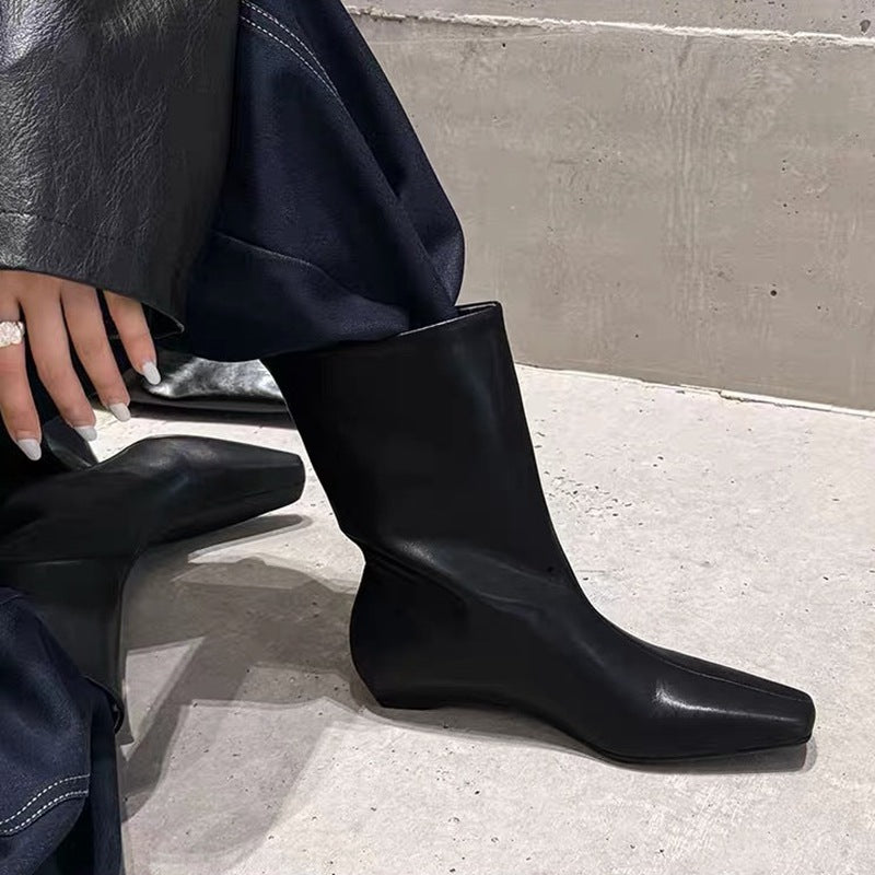 Women's Korean Square Toe Flat Short Fashion Thin Wide Tube Skinny Women's Leather Boots