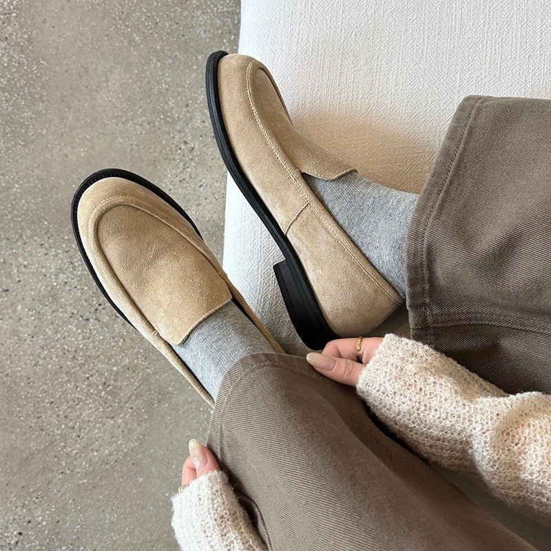 Women's Spring Round Toe Reversible Cowhide Flat Pumps Loafers
