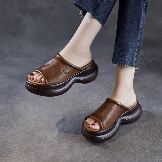 Women's Genuine Peep Toe Roman Platform Cowhide Retro Slippers