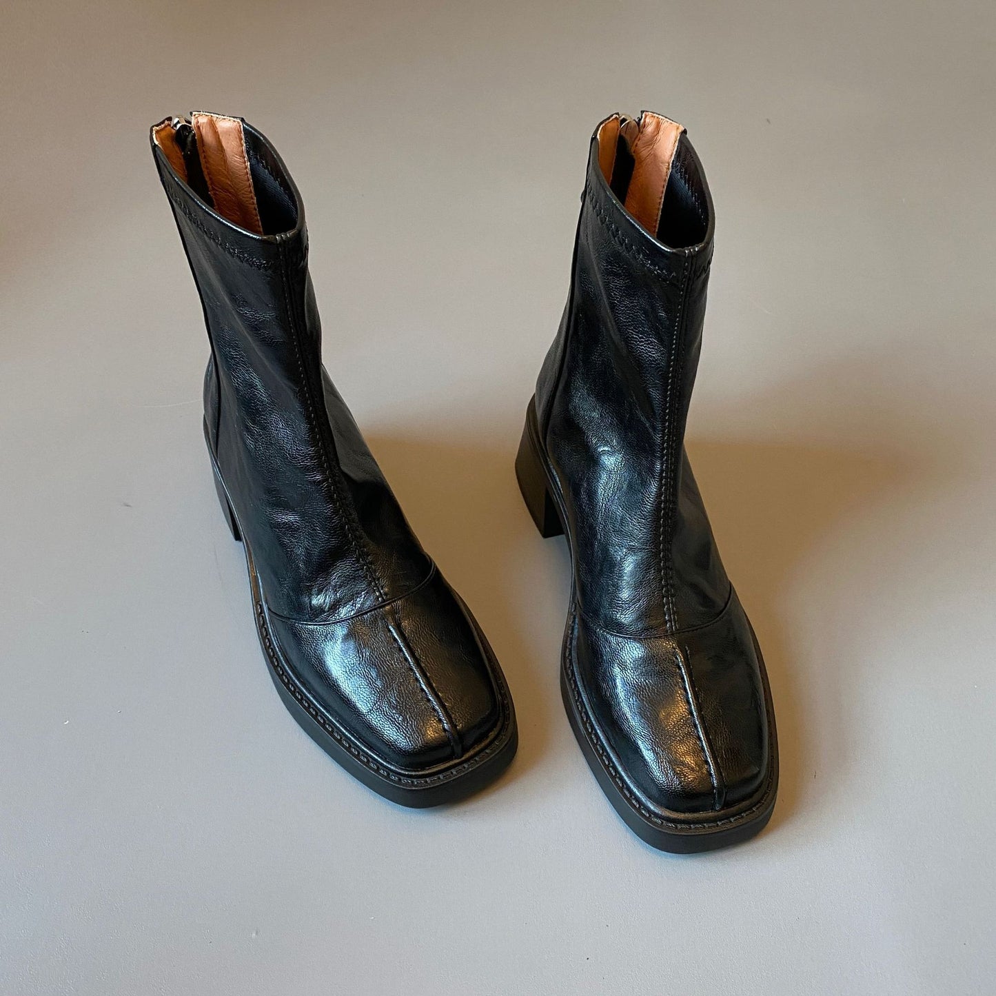 Women's Square Toe Booties Martin Back Zip Short Heels