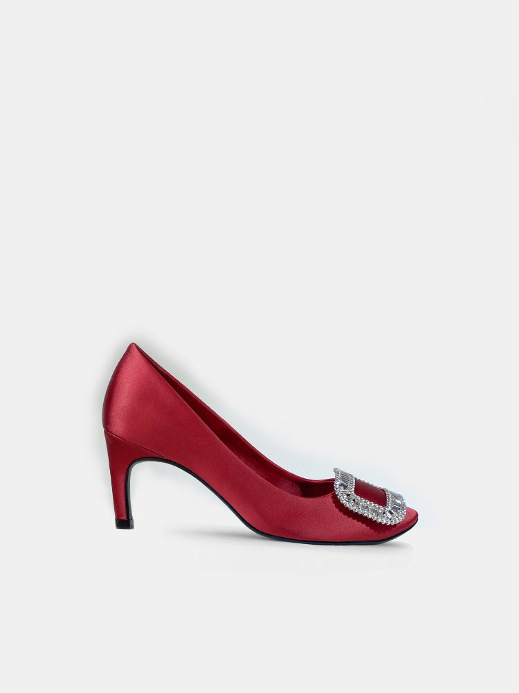 Women's Rhinestone Square Buckle Round Toe Satin Shallow Women's Fashion Shoes