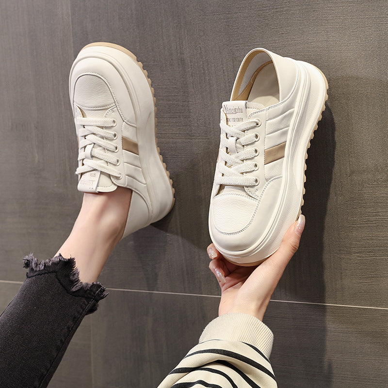 Women's White Early Spring Round Toe Thick Bottom Flat Dual-purpose Women's Casual Shoes