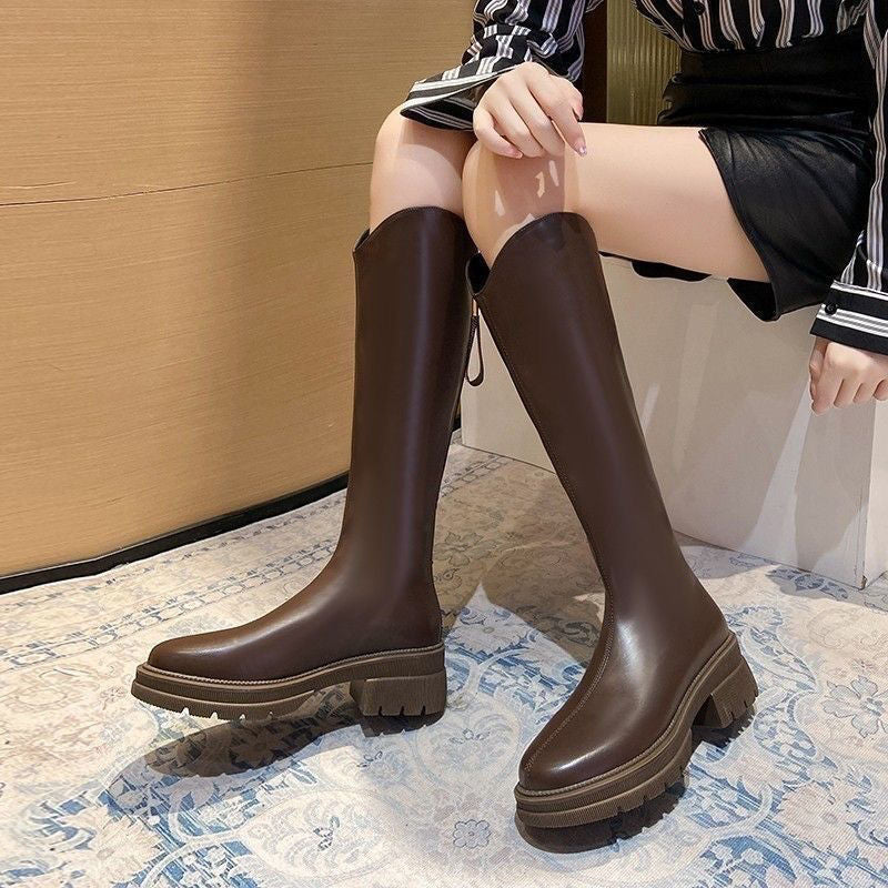 Women's Platform Knee-high V Cut Brown Knight Women's Leather Boots