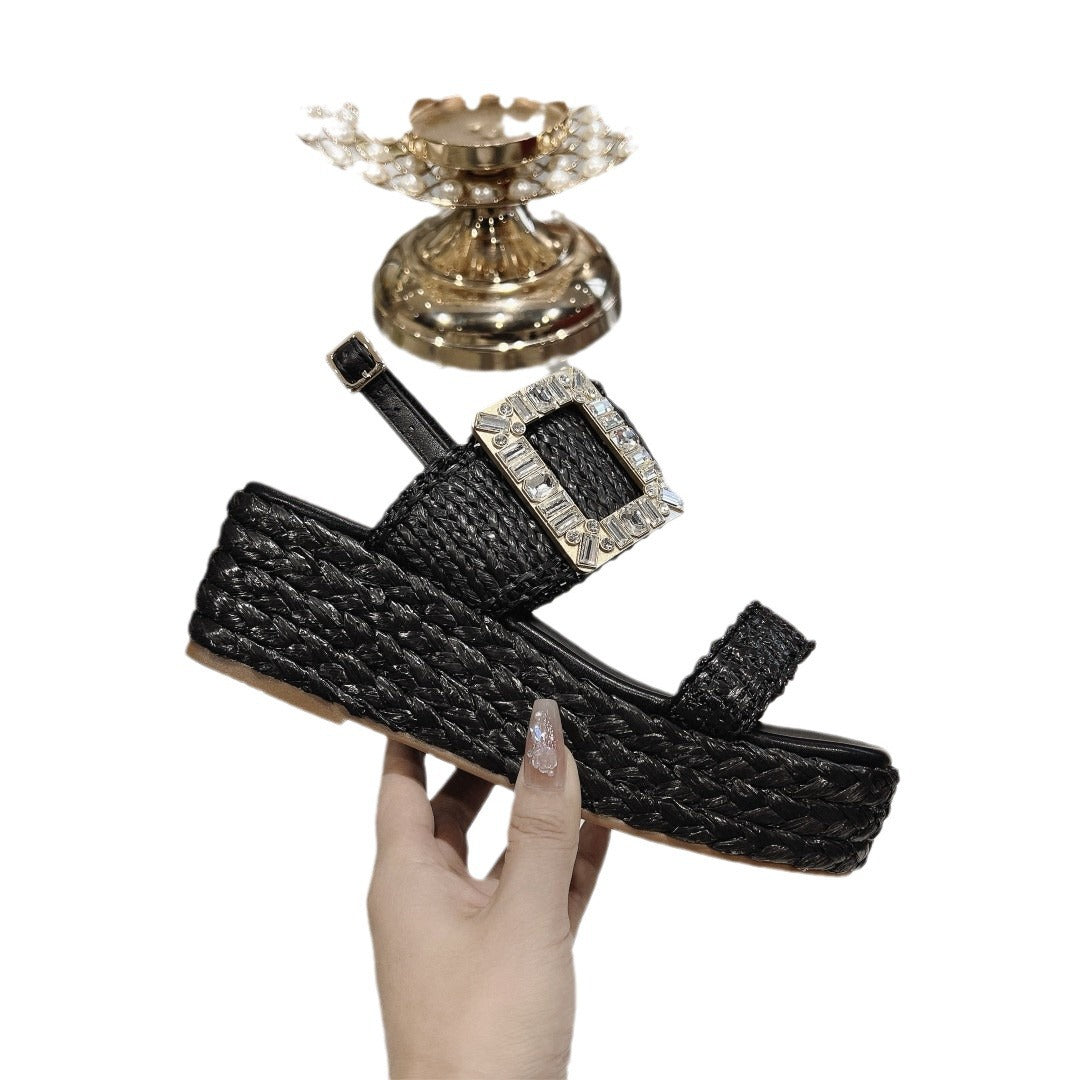 Women's Platform Buckle Square Toe Drill Fashion Sandals