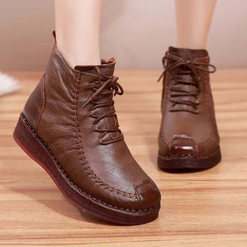 Women's Real With Fleece Lining Mother's Soft Bottom Tendon Flat Cotton Women's Leather Boots