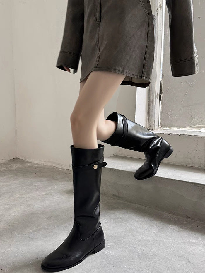 Women's Small Retro Black Tall Knight Belt Women's Leather Boots