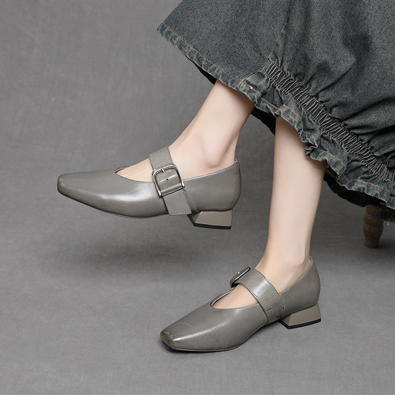 Women's Fashionable Round Head Chunky Low Mary Jane Western Style Shallow Heels