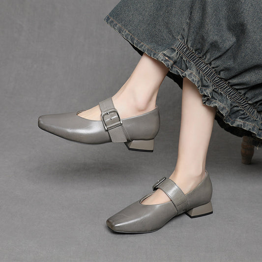 Women's Fashionable Round Head Chunky Low Mary Jane Western Style Shallow Heels