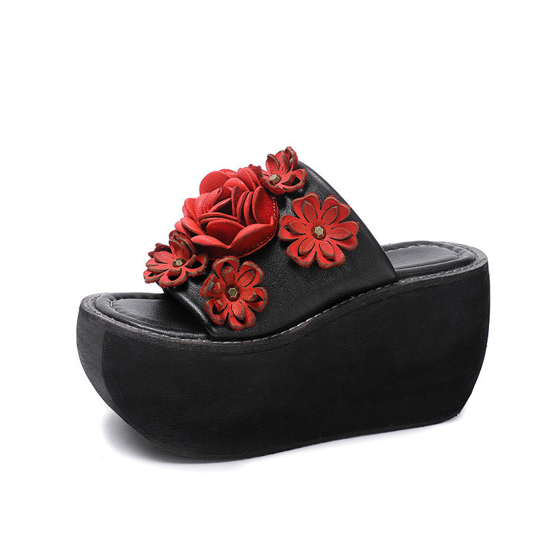 Women's Fur Washed Cowhide Hand-rub Color Genuine Thick-soles Slippers