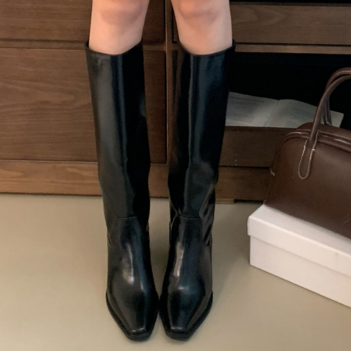 Retro Brown Below The Knee Long Female Autumn Women's Leather Boots